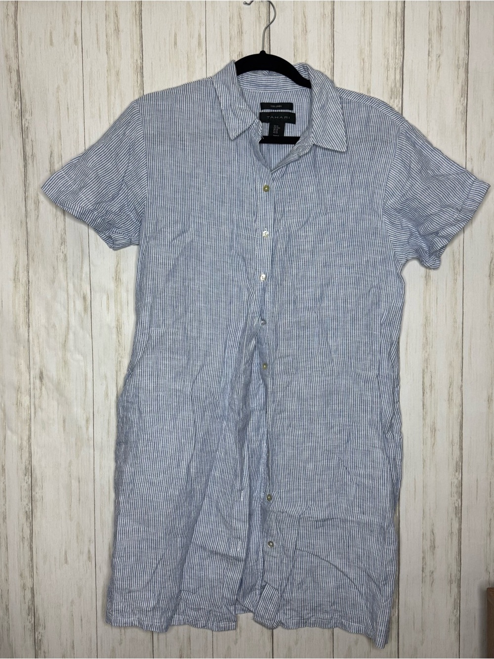 Tahari 100% linen blue and white striped shirt dress Medium